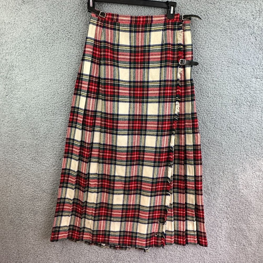 Laird Portch of Scotland Plaid Maxi Wool Skirt Kilt Red White Leather Strap Vtg